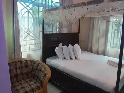 a bedroom with a canopy bed and a chair at STAN LODGE Babati in Babati