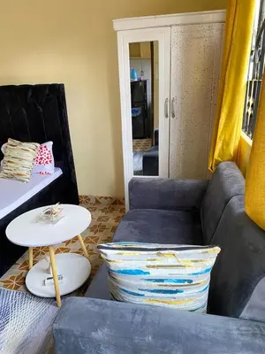 a living room with a couch and a table at Comfort studio apartment in Arusha