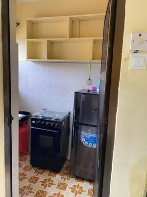 a small kitchen with a stove and a refrigerator at Comfort studio apartment in Arusha