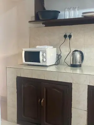 a microwave sitting on top of a counter in a kitchen at Mila home in Arusha