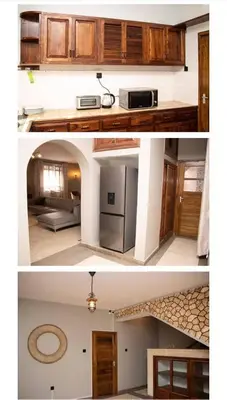 two pictures of a kitchen and a living room at Asante Home in Arusha