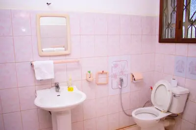 a bathroom with a sink and a toilet and a mirror at Asante Home in Arusha