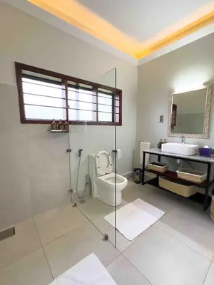 a bathroom with a shower and a toilet and a sink at The Green House in Arusha