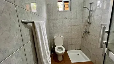 a small bathroom with a toilet and a shower at Ultra Home Hostel in Arusha