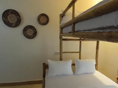 a bedroom with a bunk bed and two plates on the wall at damanda homes in Moshi