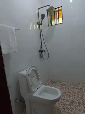 a bathroom with a toilet with the lid up at damanda homes in Moshi