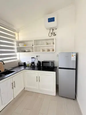 a kitchen with white cabinets and a refrigerator at Aggiestays - Shanty Town Moshi in Moshi