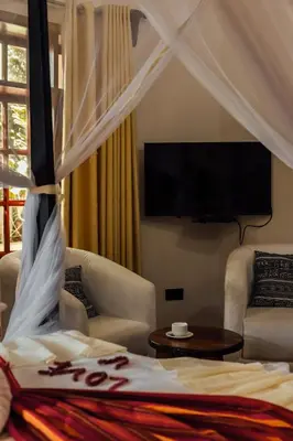 a bedroom with a bed and two chairs and a tv at Shoki Shoki Lodge Arusha in Arusha