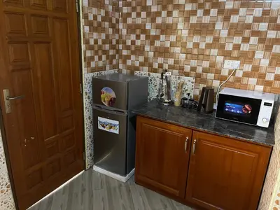 a kitchen with a counter with a refrigerator and a microwave at The Golden Suite Apartment in Arusha