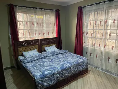 a bedroom with a bed with curtains and a window at The Golden Suite Apartment in Arusha