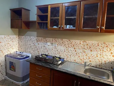 a kitchen with a stove and a sink and a counter at The Golden Suite Apartment in Arusha
