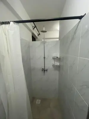 a bathroom with a shower with a shower curtain at Arusha Serenity Apartment in Arusha