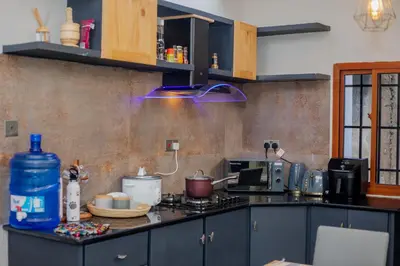 a kitchen with a counter with a stove top oven at Abasimba House Arusha in Themi