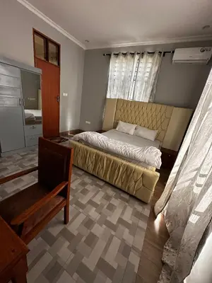 a bedroom with a bed and a chair in it at leo apartment in Arusha