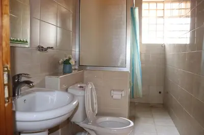 a bathroom with a white toilet and a sink at Madalina's Appartment in Arusha