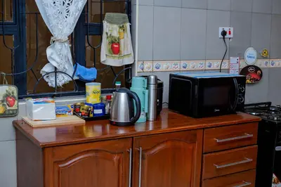 a kitchen counter with a microwave and a television on it at Amellie's Home Safari in Nkunjila