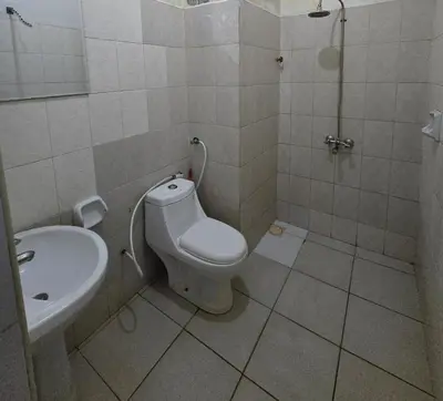 a bathroom with a toilet and a sink at Twiga Hotel - Tulivu Urban in Moshi