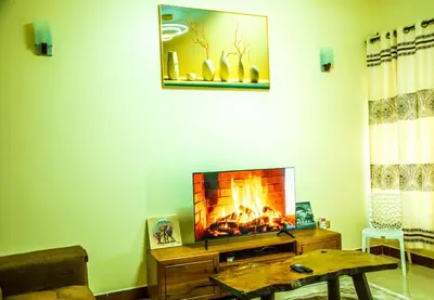 a living room with a tv and a fireplace at D&G Homes Apartments in Arusha