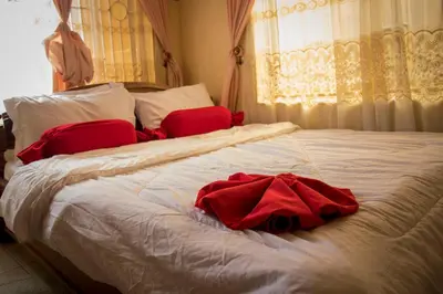 a bed with two red pillows on it at Msovi House in Arusha