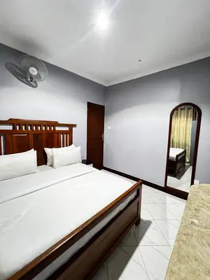 a bedroom with a large bed and a mirror at Hadraj Moshono Apartment2 in Arusha