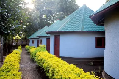 a row of houses with yellow flowers in front of them at Emanyatta Lodge in Monduli