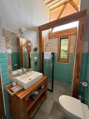 a bathroom with a sink and a mirror and a shower at Moyoni Africa Lodge & Tours in Arusha