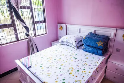 a bedroom with a bed with purple walls and windows at Bienvenido a casa villa in Arusha