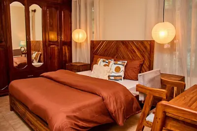 a bedroom with a large bed and a mirror at Fusion of Style & Comfort in Arusha