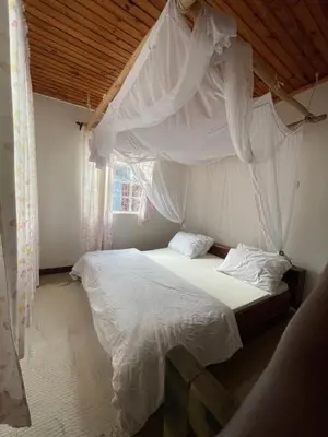 a bedroom with a bed with mosquito netting over it at Garden Villa Homestay in Arusha