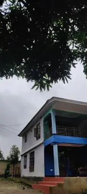 a white and blue house with a tree at WauTaMaDuNi Homestay in Usa River
