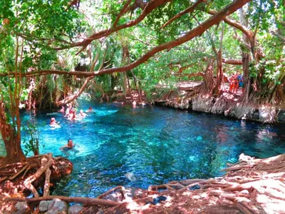 a group of people swimming in a blue river at Milele Homestay in Boma la Ngombe