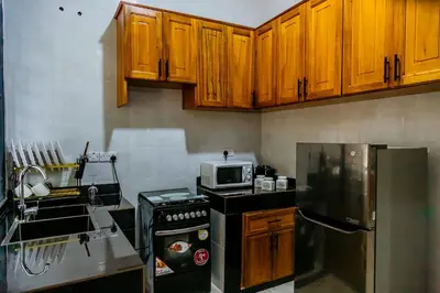 a kitchen with wooden cabinets and a stove and a microwave at Dodo homes in Uru