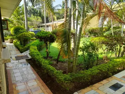a garden with palm trees and a house at Rose Home in Moshi