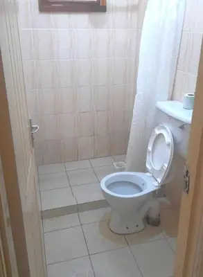 a bathroom with a white toilet and a sink at Rose Home in Moshi