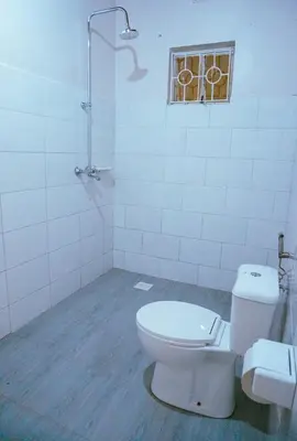 a white bathroom with a toilet and a shower at Garden Villa 5BR Home Near Road,Nature and City Life in Arusha