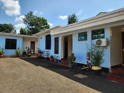 a house with potted plants in front of it at Garden Inn Eco Stay in Msaranga