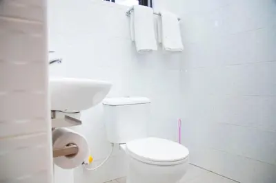 a white bathroom with a toilet and a sink at Apollo Villa homestay in Arusha