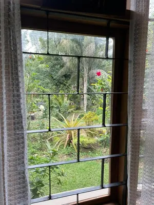 an open window with a view of a garden at Nature's Haven Ilboru Hideaway in Arusha