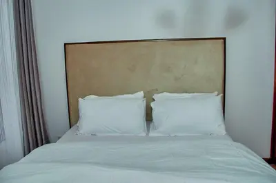 a bed with two white pillows and a headboard at Fusion of Style & Comfort in Arusha