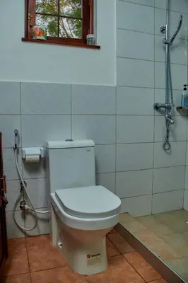 a white toilet in a bathroom with a window at Fusion of Style & Comfort in Arusha