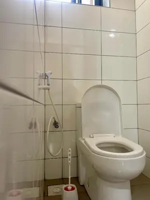 a bathroom with a toilet and a shower at Tai Africa Rooms in Arusha