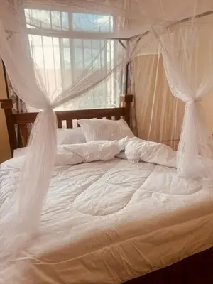 a white bed with mosquito nets on top of it at Boma villa kilimanjaro in Boma la Ngombe