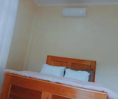 a wooden bed with two pillows in a room at Hellens Riverside Villa Luxury Garden Room in Msaranga
