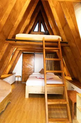 a attic room with a bunk bed and a ladder at A-Frame tiny house in Arusha