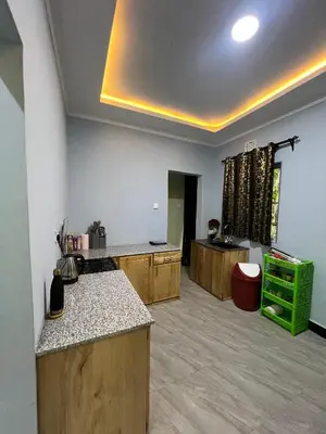 a large kitchen with wooden counters and a green cabinet at Upendo Moja House in Nkoanrua