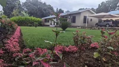 a garden with pink flowers in front of a house at I LOVE AFRICA VILLAs in Moshi
