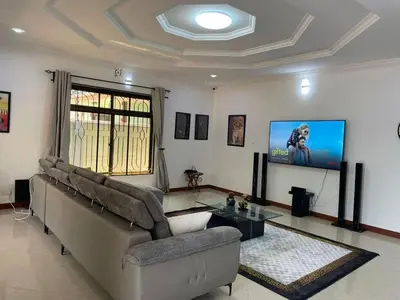 a living room with a couch and a flat screen tv at Emmalanta Homes in Arusha