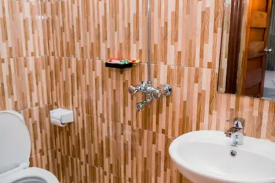 a bathroom with a sink and a mirror and a toilet at Avek Home Stay Ngorongoro Room in Uru