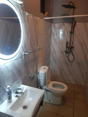 a bathroom with a toilet and a sink and a mirror at othman homes in Arusha