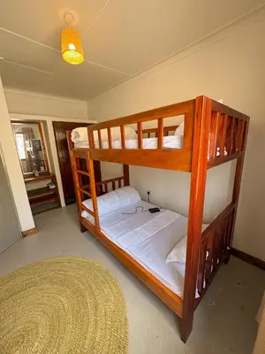 two bunk beds in a room with a rug at Arusha backpackers homes in Arusha